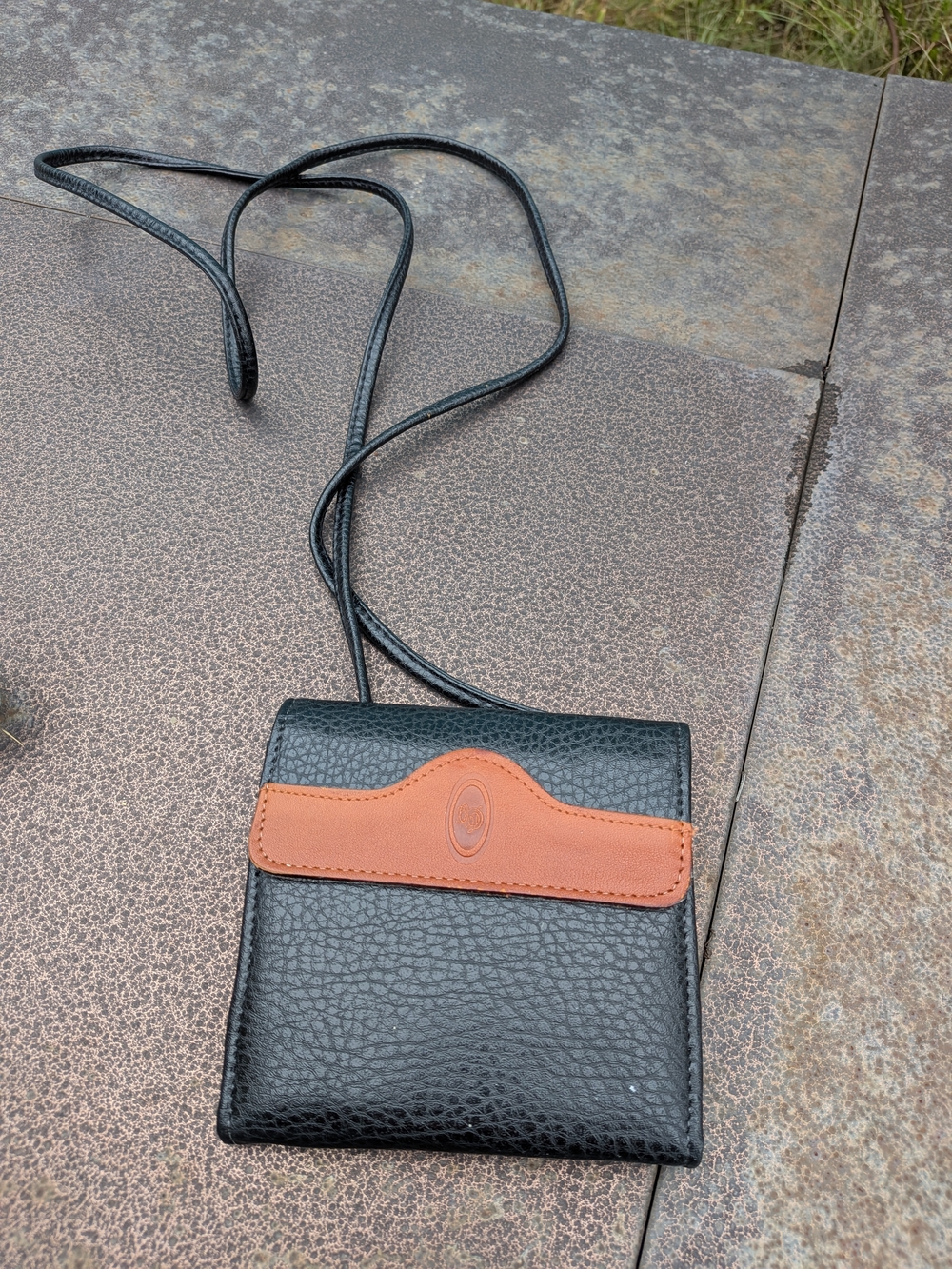 Black Leather Crossbody Wallet with Tan Accent - Unbranded